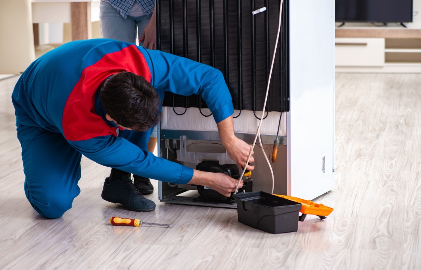 Man repairing fridge with customer